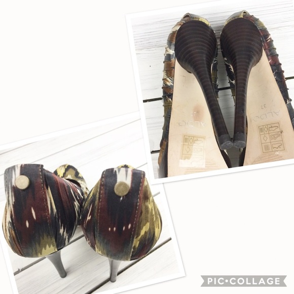 Aldo Printed Ikat Aztec Olive Platform Heels 7 - Picture 7 of 8